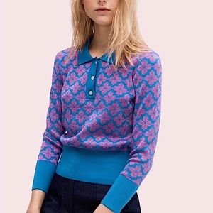 HP💥Kate Spade Floral Spade sweater vibrant blue polo glitter collared metallic